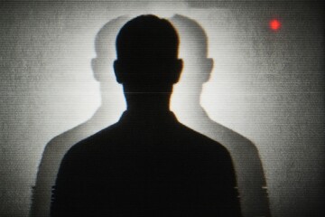 Silhouette of person with overlapping shadows, glitch effect on textured gray background, concept of identity and digital distortion