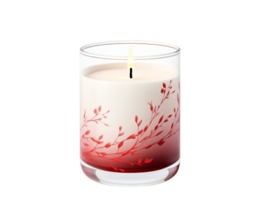A lit scented candle in a glass jar with red floral design, isolated on a transparent background