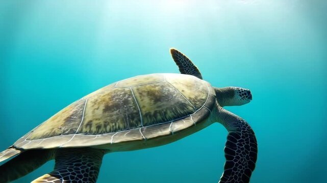 Green sea turtle traveling into ocean