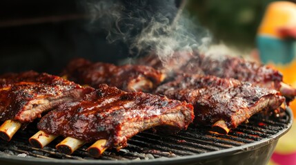 Delicious barbecue ribs cooking on a grill, with smoke rising.