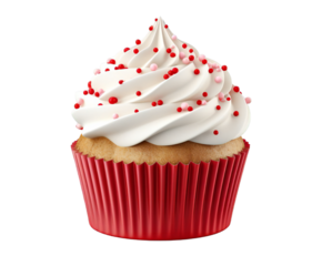 A delicious vanilla cupcake with white frosting and red and pink sprinkles, isolated on a transparent background