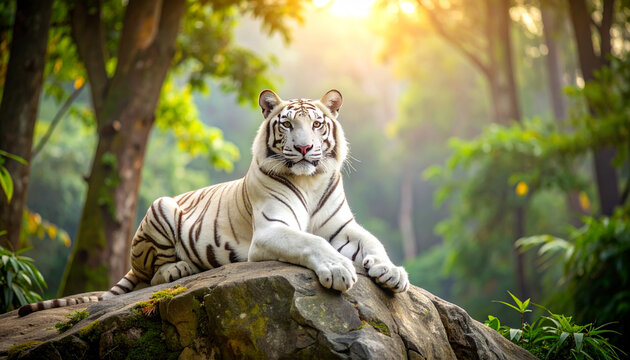 Majestic white tiger resting peacefully on a rock in lush jungle - Powered by Adobe