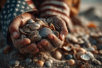 Hands holding a collection of seashells on a sandy beach during sunset near a coastal area