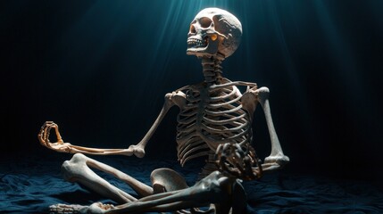 A serene skeleton meditates in a lotus pose, illuminated by ethereal light beams in a dark setting.