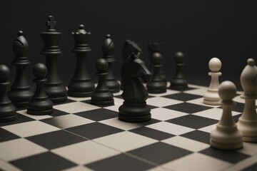 Detailed black knight chess piece in focus on classic chessboard, dramatic lighting, dark background, concept of strategy and competition