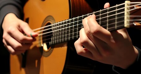Close-up demonstration of a musician playing a classical guitar melody, skilled fingers, acoustic