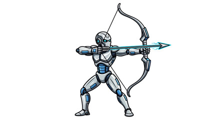 Futuristic robot archer aiming a glowing arrow with a bow.
