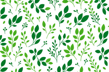 Seamless vector pattern of green botanical leaves and branches on white background for natural design and eco friendly decoration