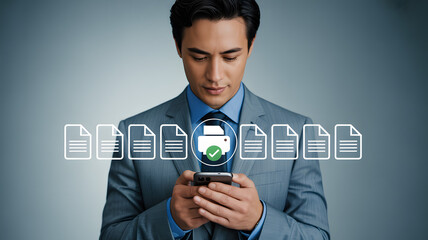 Confident businessman using smartphone to manage print jobs and documents efficiently in modern office setting