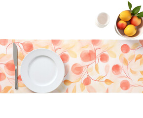 A white plate and knife are set on a table runner with a peach and floral pattern, with a bowl of peaches and a small dish in the background, isolated on transparent background