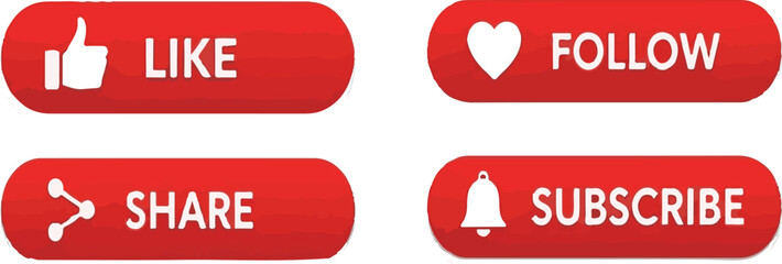 Red Like, Follow, Share and Subscribe Buttons | Social Media Interaction Icons for Channel Engagement, Marketing, and Website Design