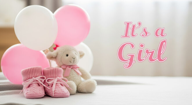 It's a girl announcement with pink baby booties, sheep plush toy and balloons. It's a girl celebration including cute sheep toy, baby footwear, and light pink balloons on bed. - Powered by Adobe