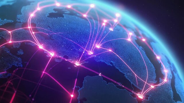 Futuristic 3D digital Earth night, data points cities network connections, continents connected light beams, cyberpunk aesthetic space 3D seamless loop global communication technology, network, 4K