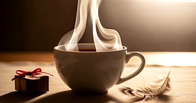 Steaming cup of coffee or tea next to a wrapped gift, perfect for cozy holiday moments