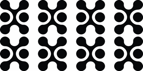 Seamless pattern of abstract black and white geometric shapes with circles and curves