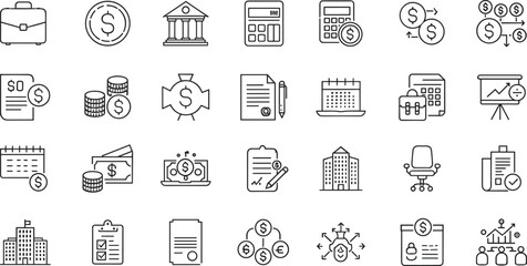 Finance and business icon set featuring briefcase, coins, bank, calculator, calendar, documents, charts, office chair, building, and financial management symbols.