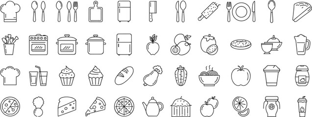 Food and kitchen icon set with chef hats, utensils, fridge, oven, fruits, vegetables, pizza, bread, cupcake, drinks, and cooking utensils for culinary designs.