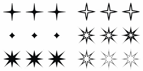 Collection of black starbursts and sparkle icons on a white background