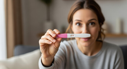 Happy pregnancy test for future parents, a positive pregnancy test shown by excited woman at home. Getting a pregnancy test brings joy and anticipation to family planning,