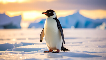 Fototapeta premium Adelie penguin standing on ice floe in antarctic landscape at sunset
