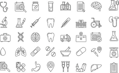 Medical and healthcare line icon set including hospital equipment, medications, organs, tools, and diagnostics for UI design, infographics, and digital health projects.