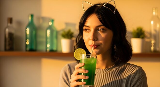 Young Woman with Cat Ears Sips Refreshing Green Drink During Golden Hour, Embracing Cozy Indoor Lifestyle
