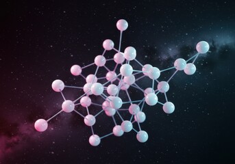Abstract 3d molecular structure with interconnected spheres and glowing connections on cosmic background