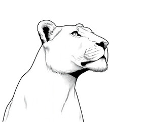 A majestic lioness head and shoulders, rendered in a classic black and white ink drawing style, looking upwards with a proud and alert expression, isolated on a clean transparent background