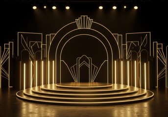 Luxurious golden stage award ceremony design with illuminated columns and arched backdrop