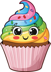 Cheerful Cartoon Cupcake with Rainbow Sprinkles and Eyes