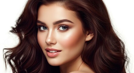 Fototapeta premium A beautiful woman with long wavy brown hair and striking blue eyes, isolated on white background