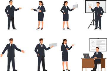 Businessman and Businesswoman Giving Presentation, Office Meeting, Corporate Communication, Professional Discussion, Modern Workplace Environment Illustration