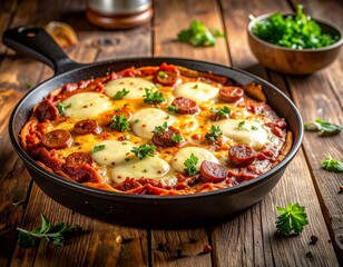 Savory Sausage and Cheese Skillet: A tantalizing image showcasing a cast-iron skillet brimming with a hearty blend of savory sausage, melted cheese, and fresh herbs.