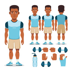 Fototapeta premium Fitness character creator vector set, sporty male avatar with full body poses, workout accessories, hands and face options