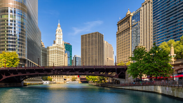 View of Chicago, Illinois skyline and the Wabash Avenue bridge. Chicago is the most populous city in the U.S. state of Illinois and in the Midwestern United States.