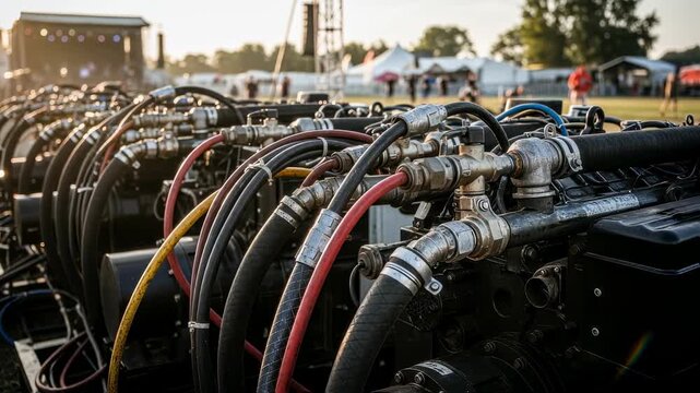 Closeup of fuel connections and heavyduty cables linking several diesel generators creating a temporary power farm for a festival setup.