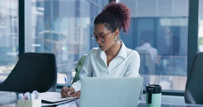 Writing, reading and laptop with business woman in office for patent lawyer, license research and legal documents. Registration filing, attorney and online records with person in law firm for review