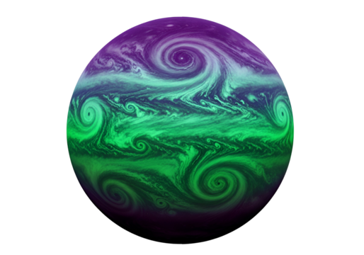 A vibrant, swirling planet with intricate patterns of purple and emerald green hues, set against a dark backdrop.