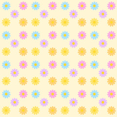 Seamless floral pattern with colorful daisy flowers in pastel tones, perfect for textile design, wrapping paper, wallpaper, and digital backgrounds.