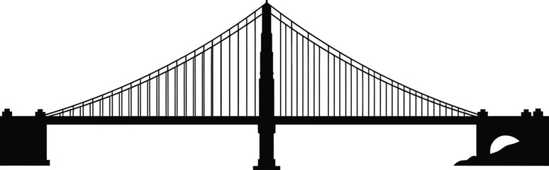 a black silhouette of a suspension bridge against white background