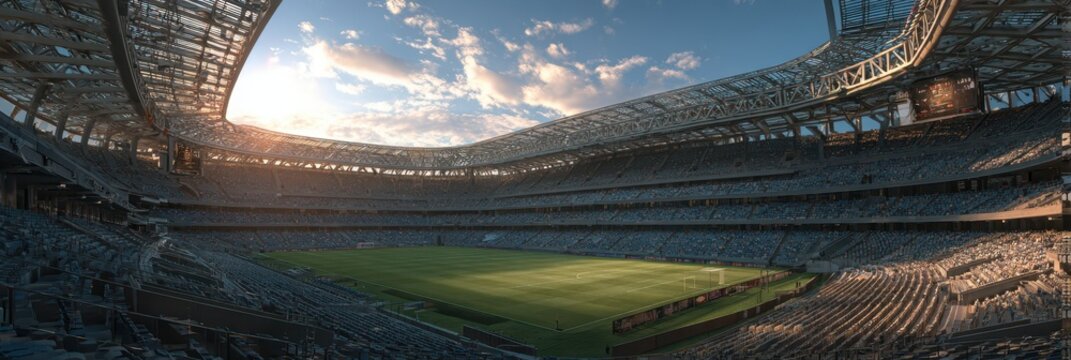 Stadium interior with empty seating and green field under soft sunlight at dusk