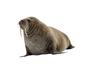 An isolated Arctic walrus, a massive marine mammal with impressive ivory tusks