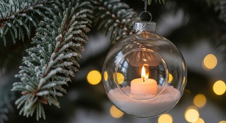 Winter Holiday Candle Ornament on Snowy Pine Branch