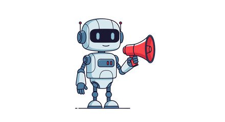 Friendly cartoon robot character with antennae holding a red megaphone for an announcement.
