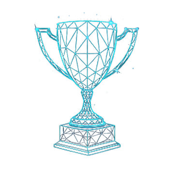 Illuminated Wireframe Trophy Cup Shining Against Black Backdrop, Symbolic of Victory and Achievement in Digital Art