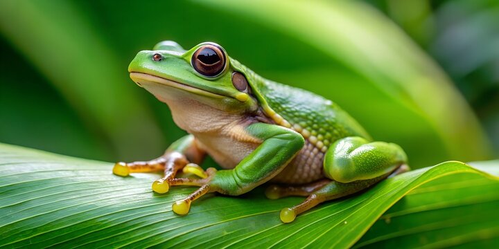 A vibrant green tree frog perched gracefully on a lush leaf, its bright eyes and smooth skin capturing the essence of natures beauty in a closeup shot
