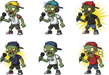 Cartoon zombie rapper with microphone, hip hop undead singer, colorful caps, fun Halloween music characters