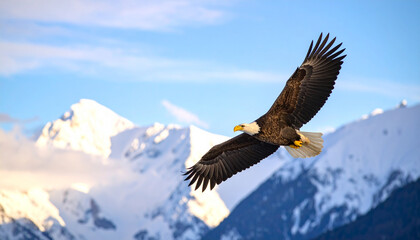 Obraz premium Bald eagle soaring majestically against snowy mountain range in alaska