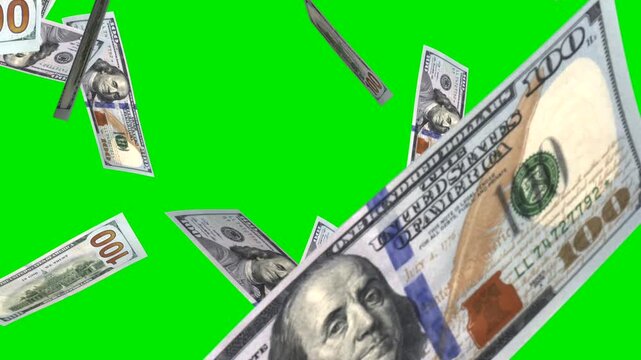 Money Explosion - 100 Dollars of USA - V - Transition Blast From Bottom - Green Screen - Cinematic realistic 4K UHD 3D animation isolated on green chroma key background