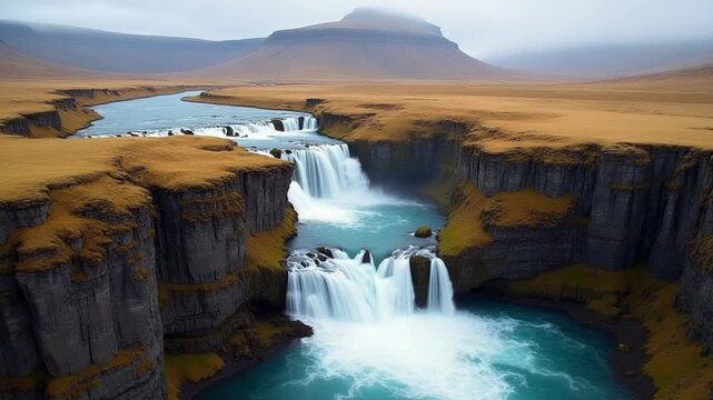 Aerial view of Sigoldugljufur canyon in Iceland, featuring a turquoise river, cascading waterfalls, rugged cliffs, and distant mountains under clouds.